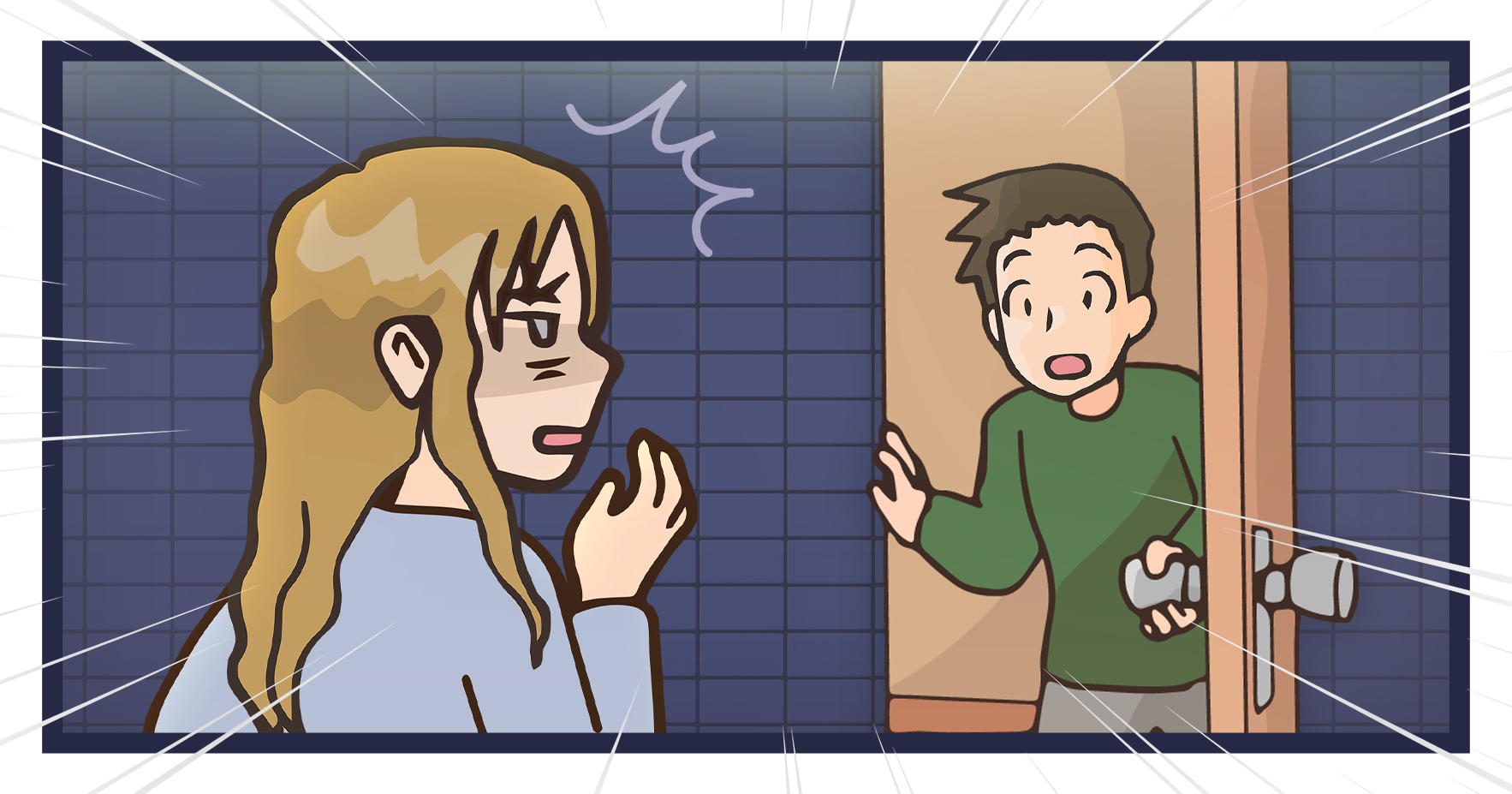 ドアを開けたら知り合いでびっくりしてる女性のイラスト