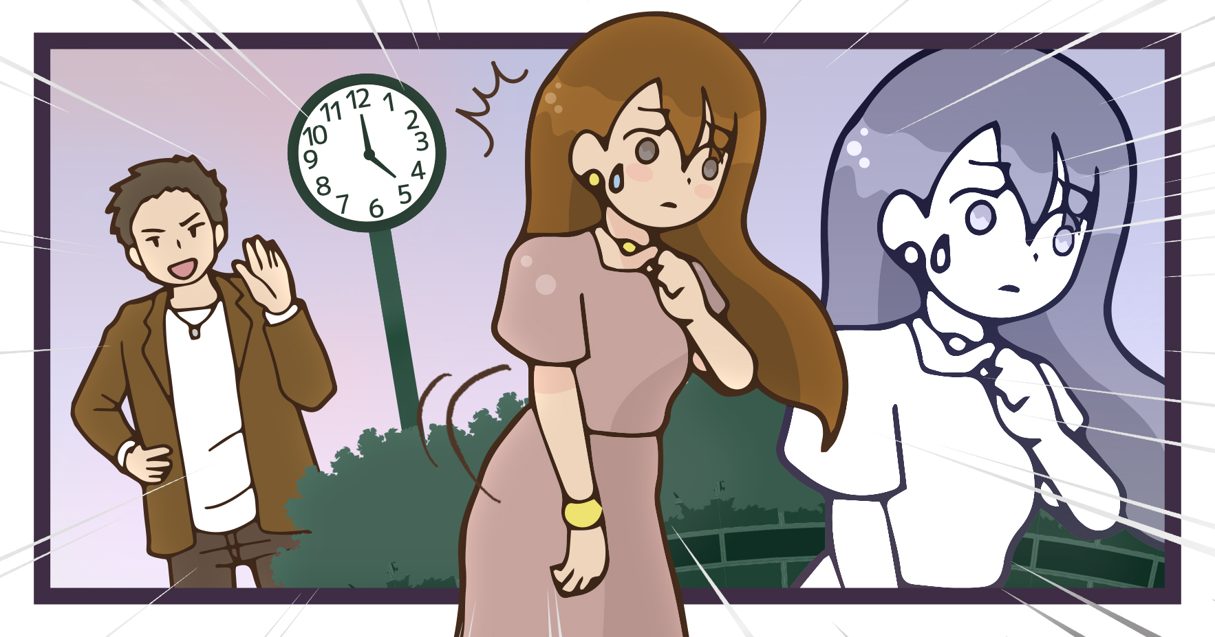 待ち合わせして知り合いが来てびっくりしてる女性のイラスト